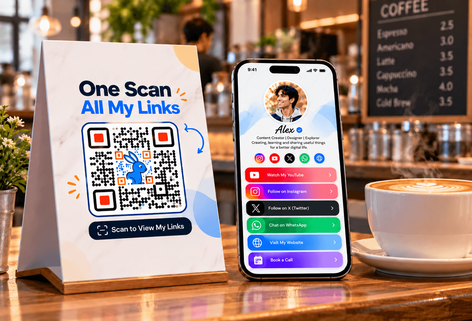 Printed QR code with a clear white border on a cafe poster beside a phone scanning it