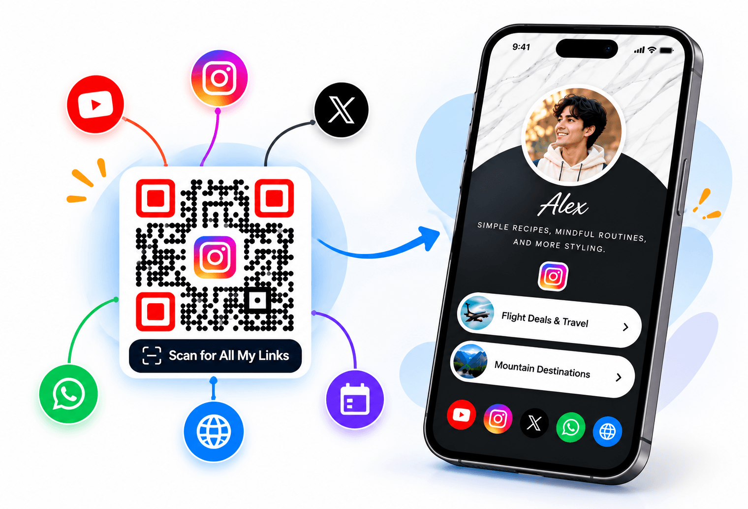 Phone scanning a printed QR code on a poster and opening a page of link buttons